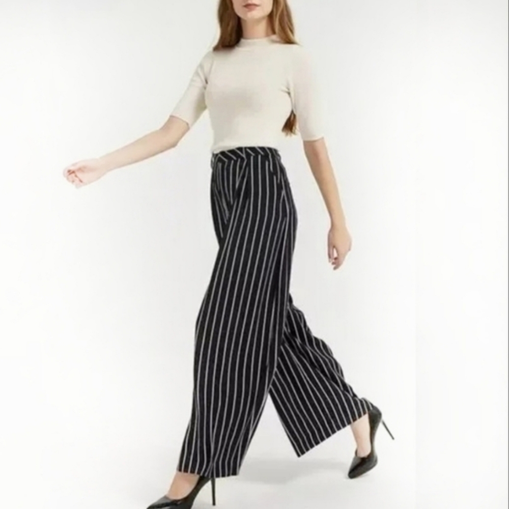Tronjori Striped Plus Size Dark Blue/Black and White Wide-Leg Pants